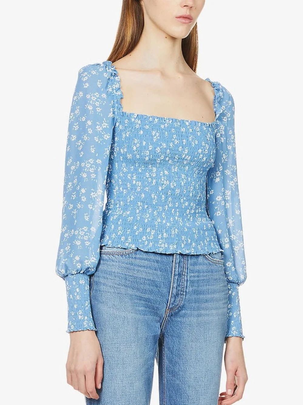Reformation Pinto Blue Floral-Print Smocked Crepe Top Size XL